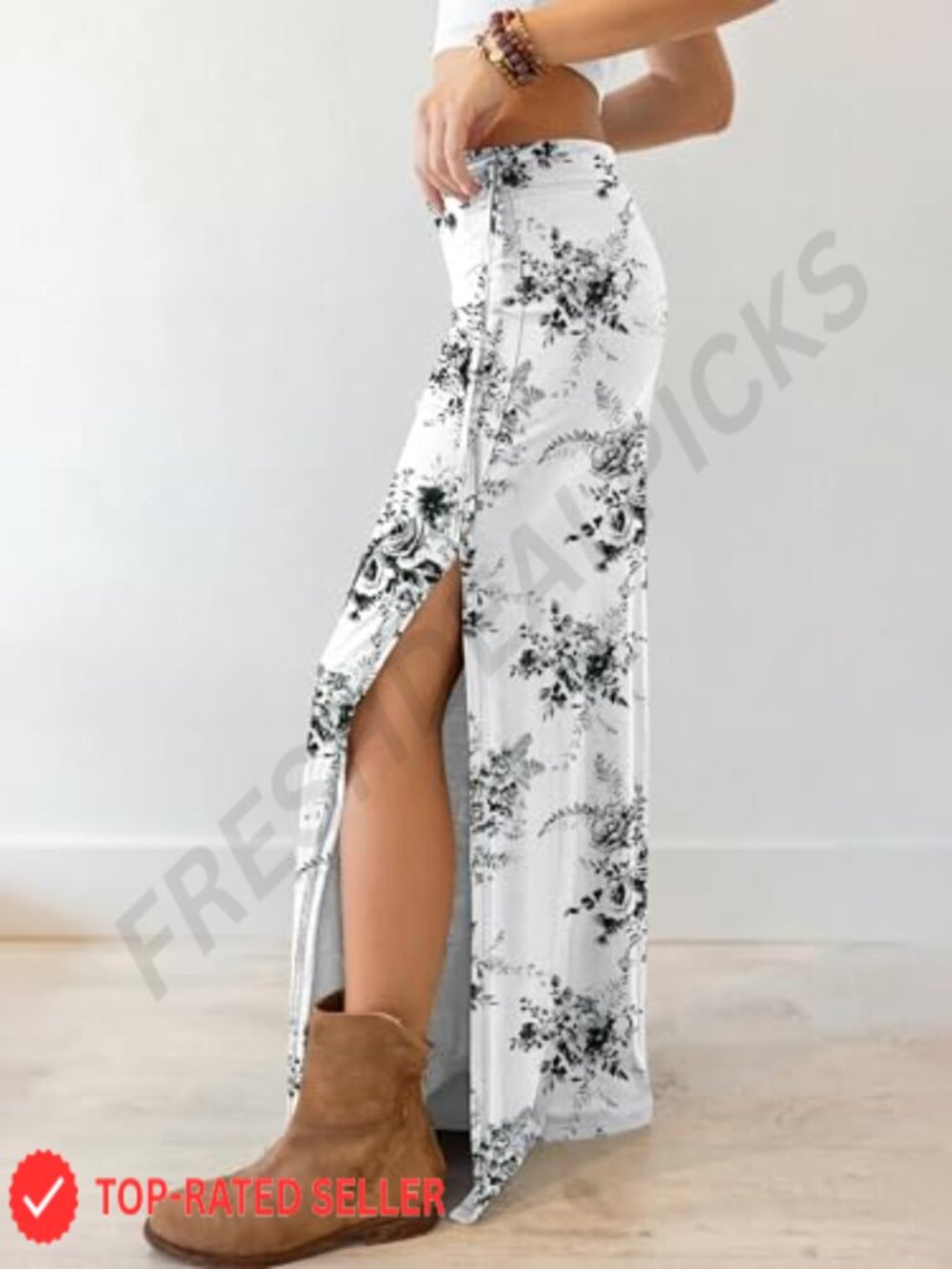 High Waisted Maxi Skirt Flowy Bohemian Side Slit Beach Vacation Summer Floral - Picture 5 of 7